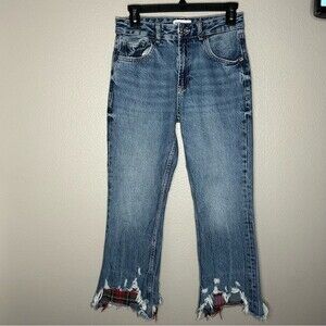ZARA distressed raw hem plaid flannel patch straight leg jeans women's size XS 2